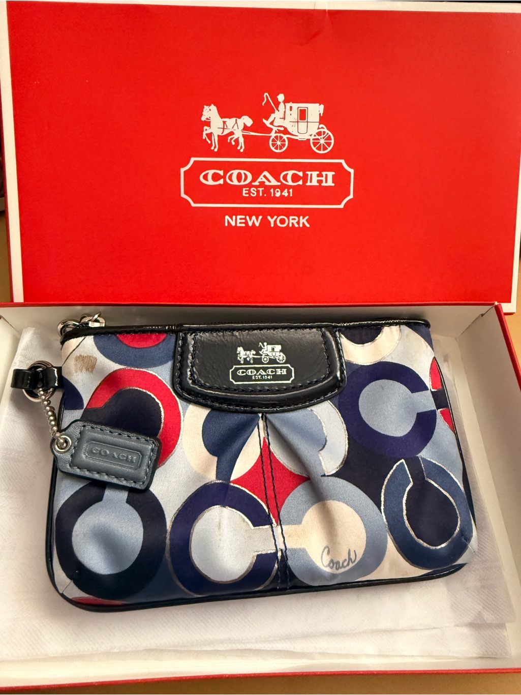 Coach Multicolor Circle Print Wristlet - Navy, Red, Cream